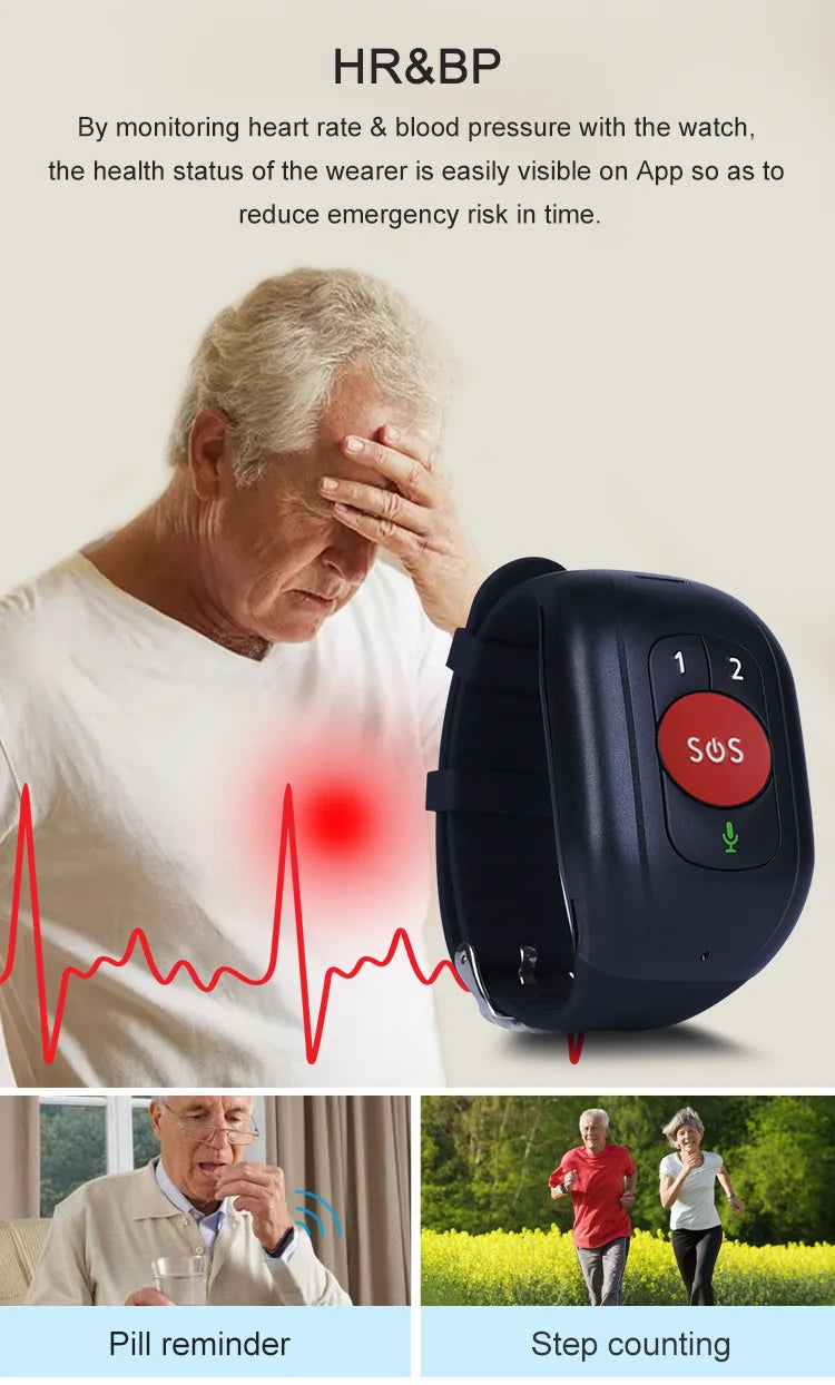 NEW Elderly GPS Tracker 4G SIM SOS Button Wristband GPS Emergency Alarm IP67 Waterproof GPS TrackingHeart Rate Blood Pressure