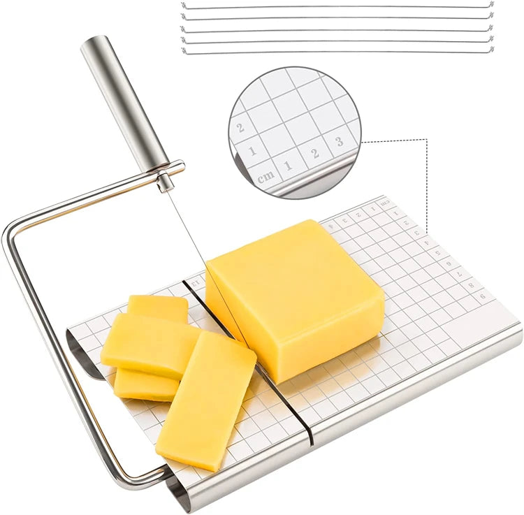 LMETJMA Cheese Slicers with Wire for Block Cheese Adjustable Cheese Cutter Board with 5 Replacement Wires Precise Scale JT53