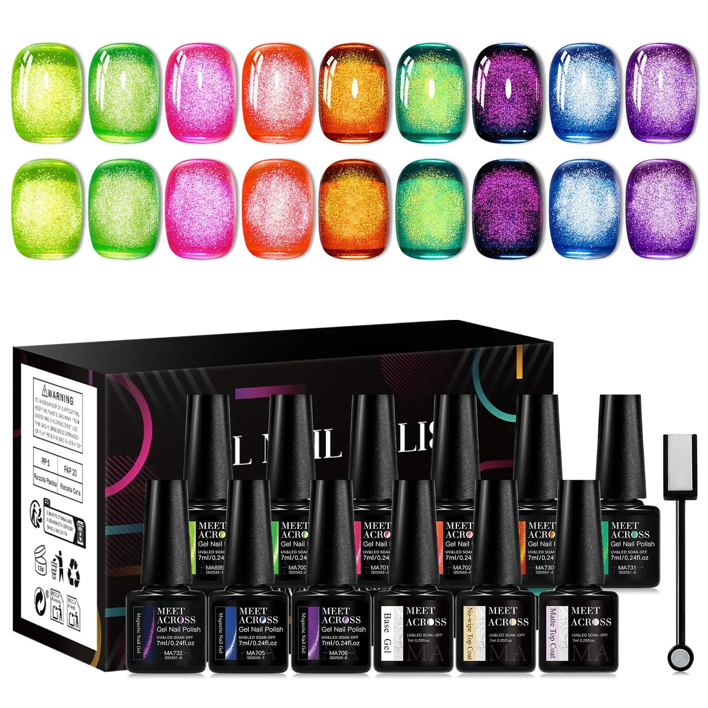 12Pcs/Set Fluorescent Cat Magnetic Nail Gel Polish Guava Green Neon Color With Magnetic Stick Semi-Permanent UV Gel Nail Art Kit