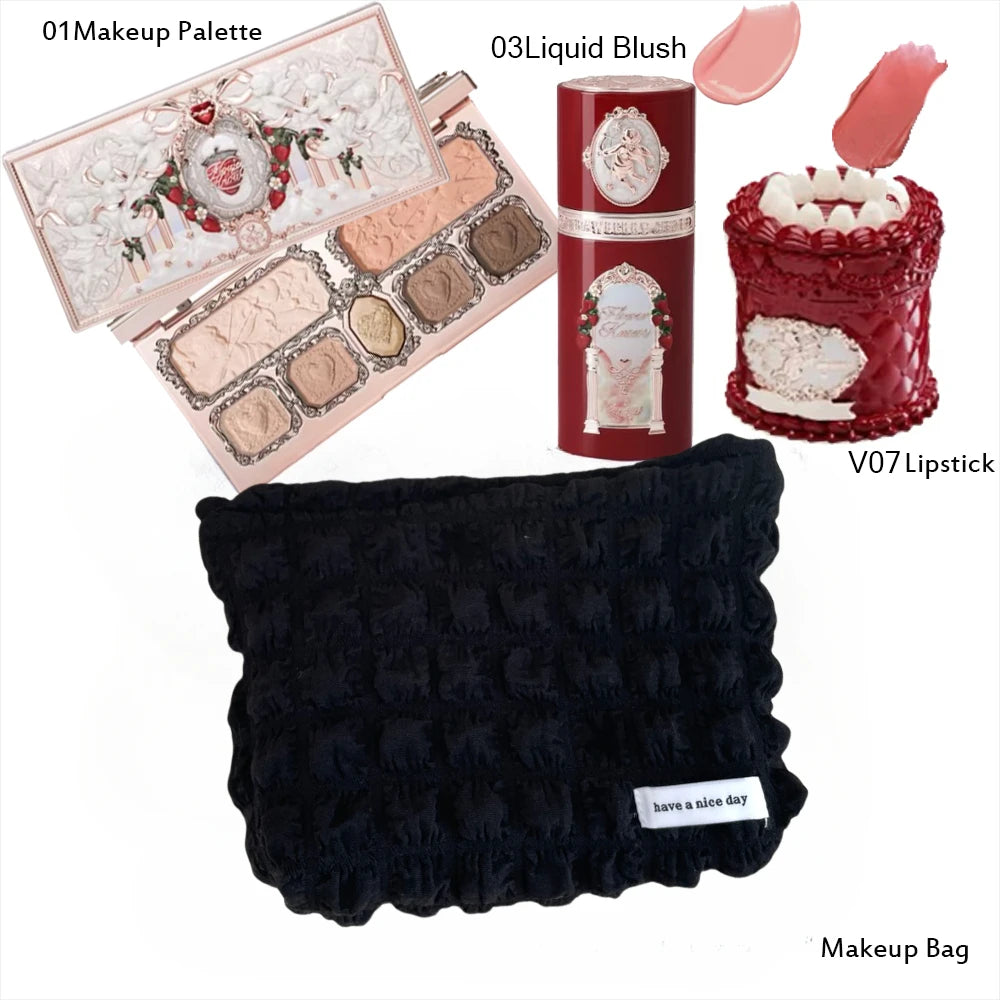 Makeup Set Flower Knows Strawberry Cupid Collection 6 Color Eyeshadow Palette Embossed Blusher Shine Lipstick Kit Maquiagem