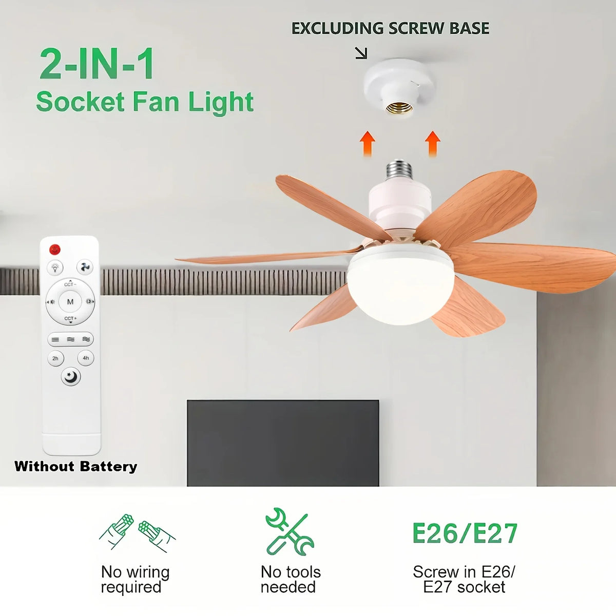 E26/E27 Lamp Holder Fan Light, Smart Ceiling Fan with Light and Remote Control, Easy to Install, Suitable for Bedrooms, Kitchens