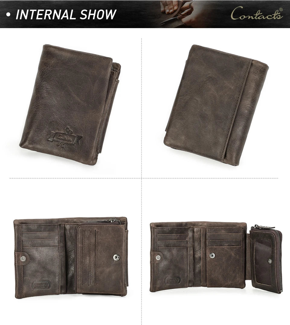 CONTACT'S Genuine Leather Men Wallet Vintage Trifold Hasp Wallet Zipper Coin Purse Card Holder Money Clip Men's Wallets