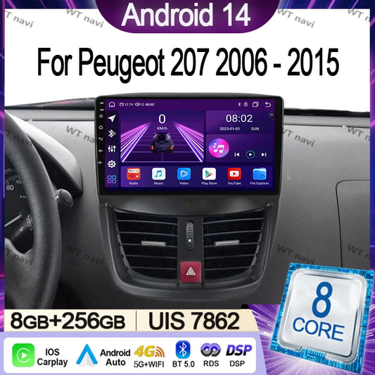 Car Radio For Peugeot 207 2006 - 2015 Multimedia Video Player Navigation Stereo GPS Android 14 wireless Carplay DSP RDS 5G WIFI