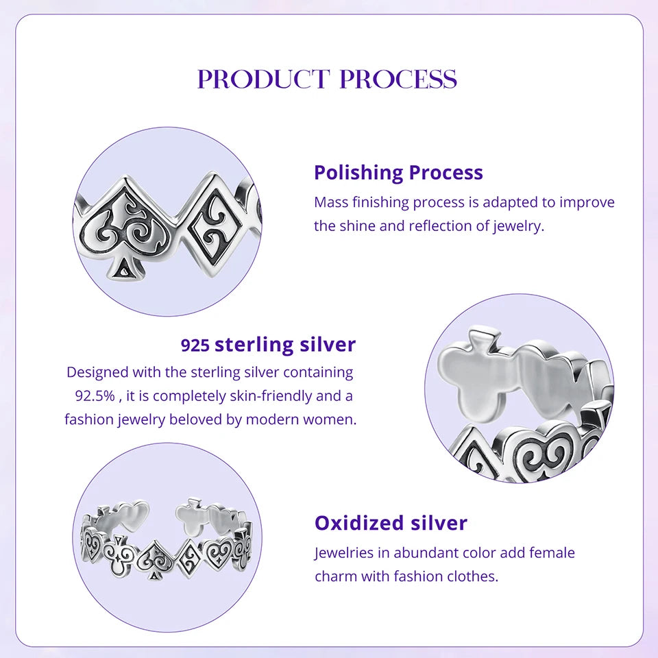 WOSTU Vintage 925 Sterling Silver Poker Card Open Ring For Women, Antique  Adjustable Stacking Party Rings Fine Gift