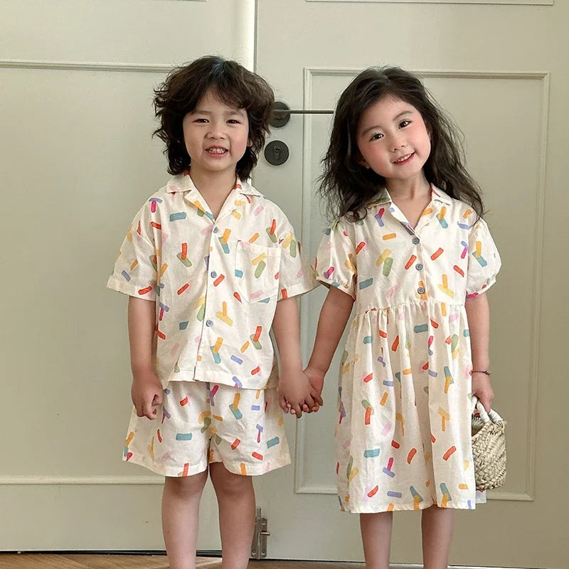 2025 New Vacation Style Cotton Kids' Summer Clothing Set Girls Sundress for 80 - 150cm Boys and Girls Sibling Outfits