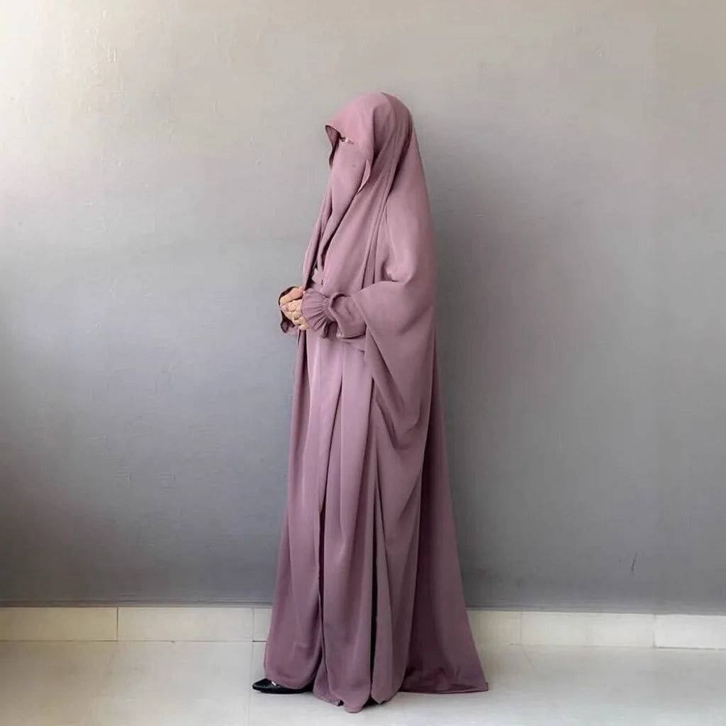 Muslim Abaya Hooded Smocking Sleeve One-piece Prayer Dress Women Jilbab Islamic Clothing Dubai Saudi Black Robe Turkish Modesty