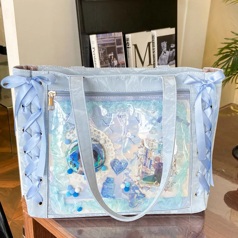 New Y2K Ribbon Bow Japanese Ita Shoulder Bag Cute Girl Transparent Pocket Large Capacity Crossbody Tote Bag DIY Display Handbags