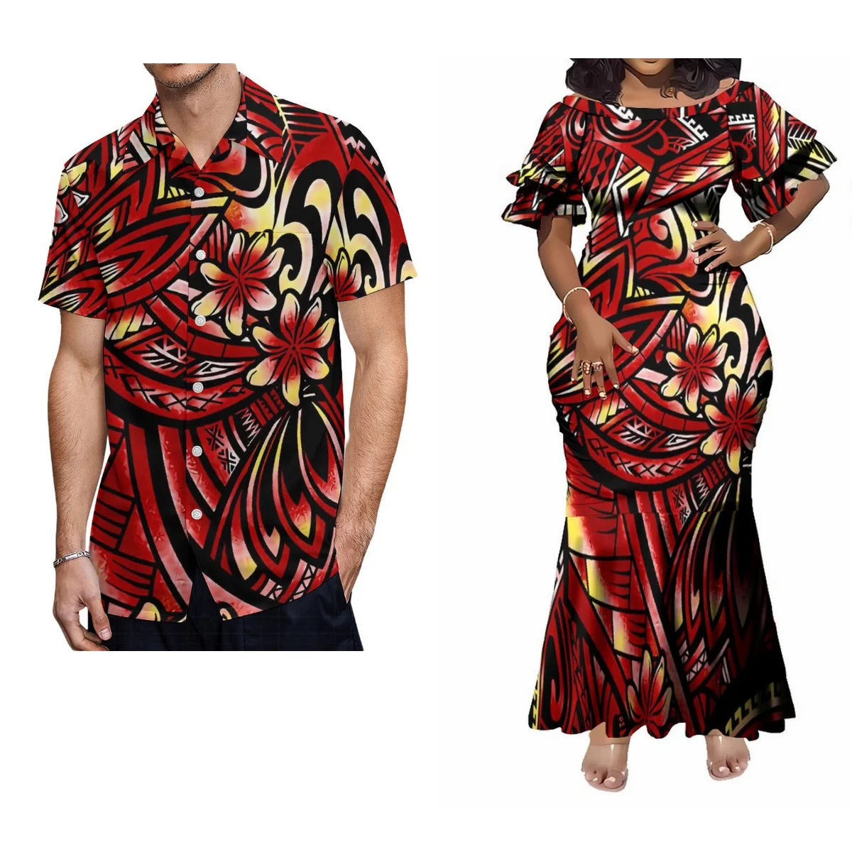 Custom Polynesian Tribal Couple Set Samoan Women'S Temperament Slim Dress Women'S Mermaid Maxi Skirt Men'S Shirt