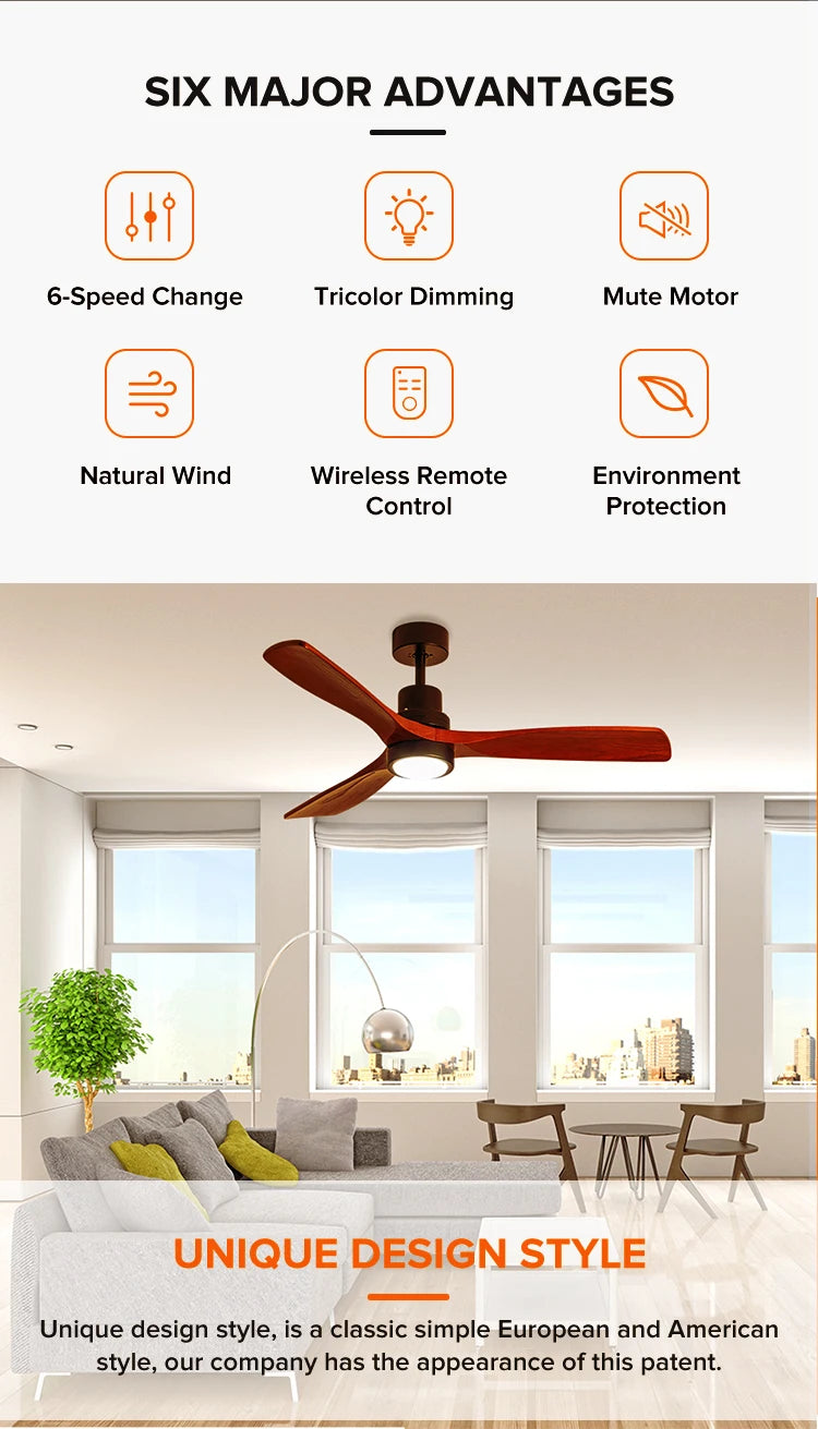 42/52-Inch LED Ceiling Fan Light Simple Wooden Blade Design for Home and Commercial Decor Remote Control for Living Room