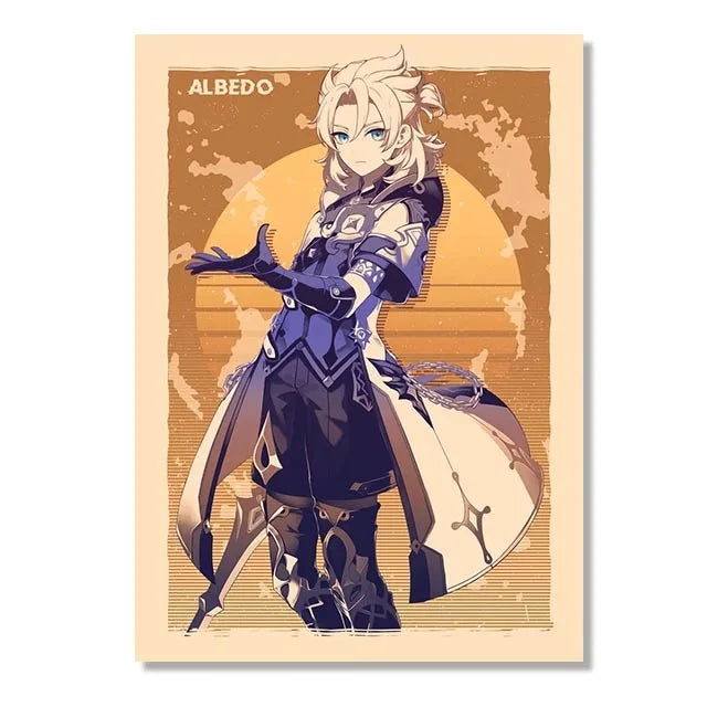 Genshin Game Retro Canvas Poster Ganyu Hu Tao Game  Wall Hanging Painting Anime Wall Art Pictures and Print for Home Room Decor