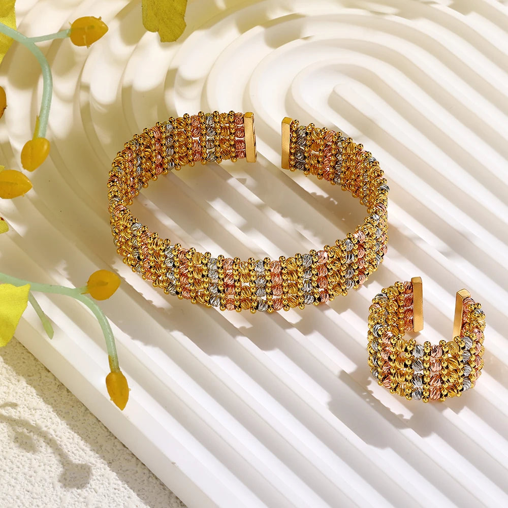 Luxury Cuff Bangles and Ring Set Gold Color Beads Arabic Dubai Wedding Bridal Jewelry Set Women Party 2 pcs Hand Jewelry