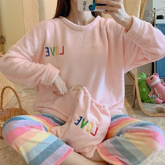 Winter Fleece Thick Women's Pajamas Set Cute Bear Plaid Long Sleeve Womens 2 Piece Outfit Set Printing Pijamas Set for Woman