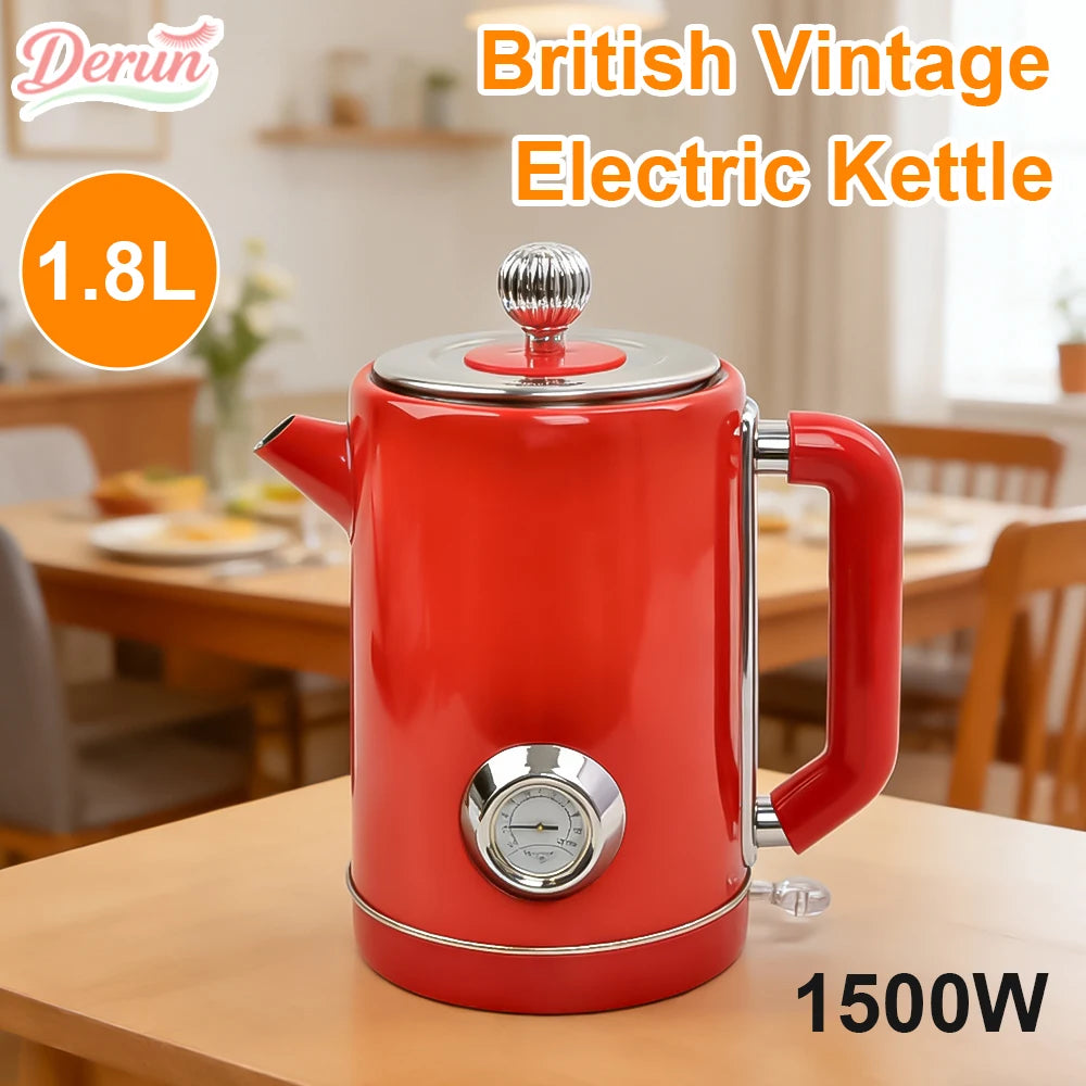 1.8L British Retro Electric Kettle 304 Stainless Steel Fast Boil Auto Shut Off Home Kitchen Hot Water Pot for Tea Coffee