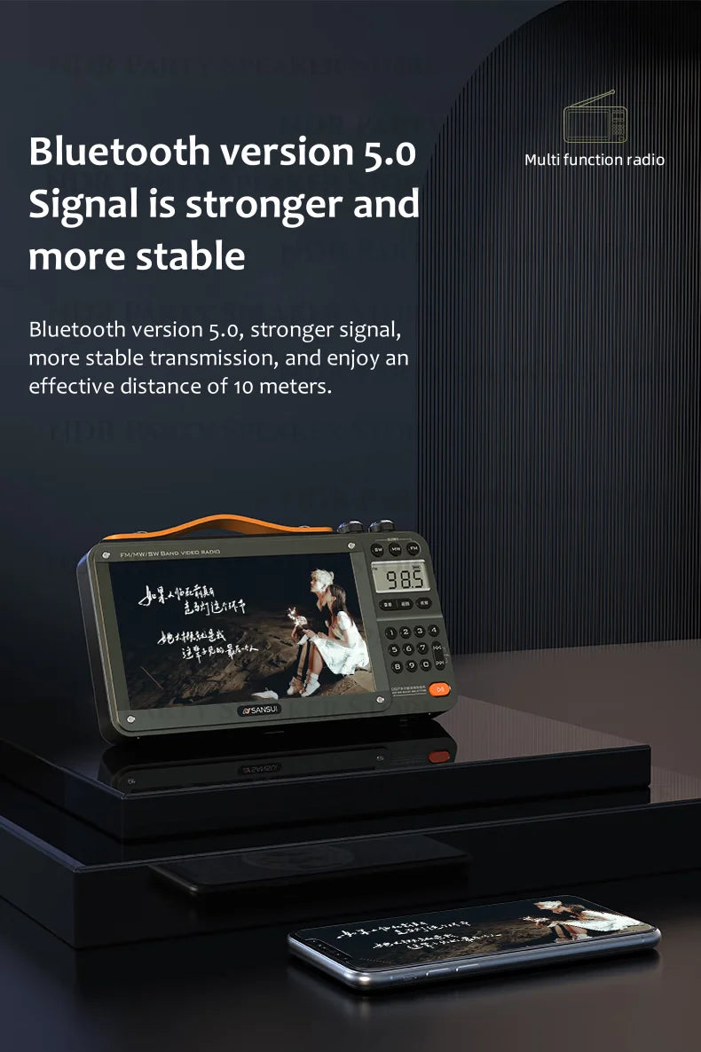 SANSUI Portable FM/MW/SW Radio 7-inch HD LED Display Radio Wireless Bluetooth Speakers Dual TF Card Slot MP4 Video Music Player