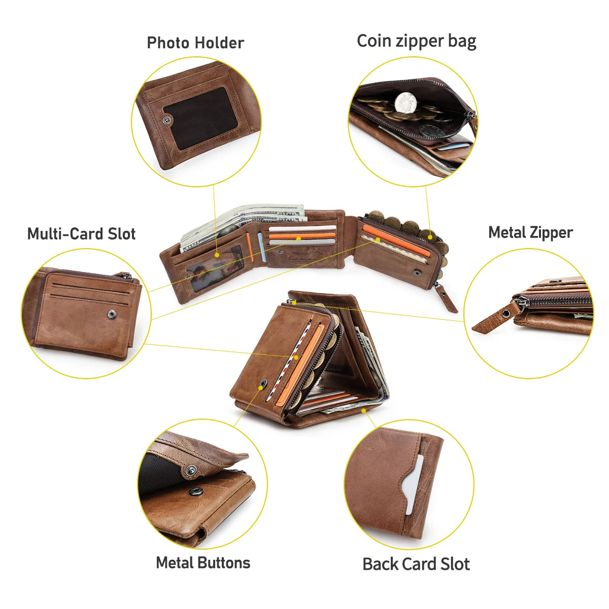 CONTACT'S Genuine Leather Men Wallet Vintage Trifold Hasp Wallet Zipper Coin Purse Card Holder Money Clip Men's Wallets