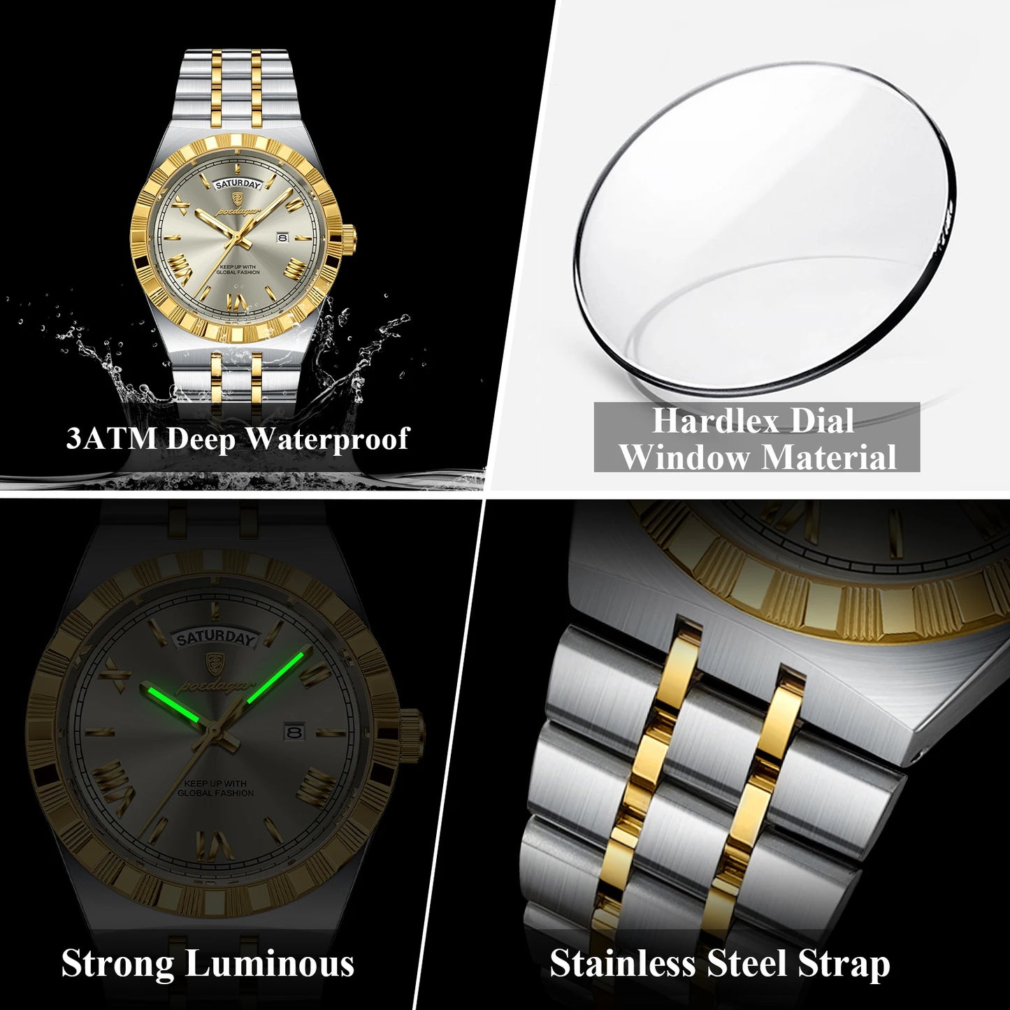 POEDAGAR Original Male Watch Luminous Waterproof Week Date Men Wristwatch Stainless Steel Business Quartz Men's Watches Gift+Box