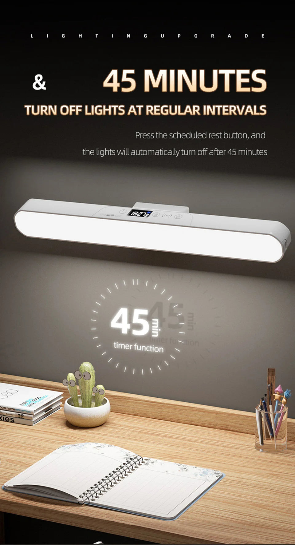 Eye-care Magnetic Desk Lamp USB Rechargeable LED Night Light Battery Status & Time Display Reading Light Table Lamp for Kitchen