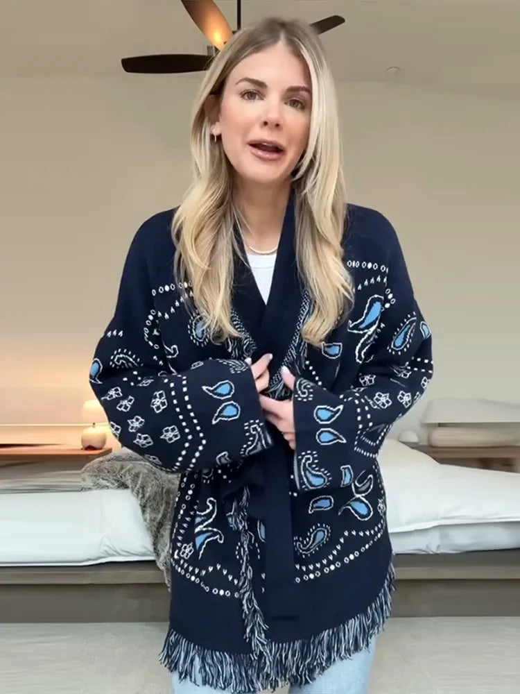 Women's Print Fringe Knitted Vest Coat Fashion Sleeveless Tie Waist Pocket Cardigan Sweater Lady 2025 Autumn Casual Outerwear