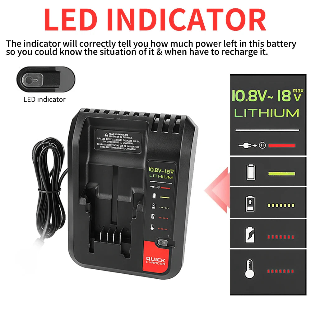 EU Plug 18V Replacement Lithium Battery Charger for Black and Decker PORTER CABLE Stanley Lithium Battery Charger 2A 10.8-20V