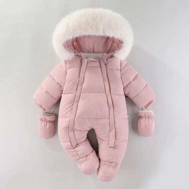 Winter Newborn Baby Girl Clothes Thicken Baby Romper With Gloves Warm Baby Jumpsuit Hooded Plus Velvet Children's Clothing 0-18M