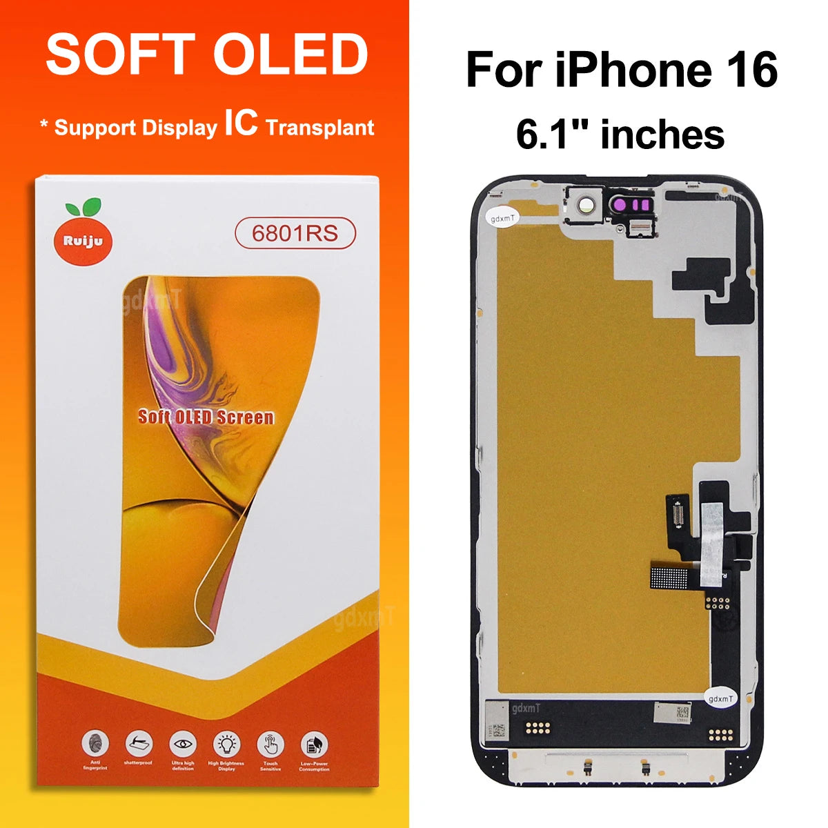 RJ Series SOFT OLED For iPhone 13 14 15 16 17 Pro Max Plus LCD Display Touch Screen Digitizer Assembly Replacement