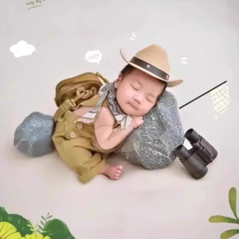 3pcs/set Adorable Baby Suit, Newborn Photography Outfits Retro Overalls Tool Kit + Hat, Western Cowboy Style Shooting Props