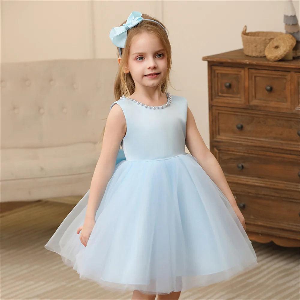 Toddler Girl Flower Birthday Tulle Pearl Dress Backless Bow Wedding Gown Baby Girl Bowknot Dresses Kid Party Wear Princess Dress