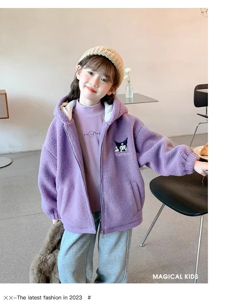 Winter 2025 New Cartoon Sanrio Kuromi Girls' Velvet Jacket Plus Velvet Children'S Polar Fleece Hooded Clothes Girls Winter Cloth