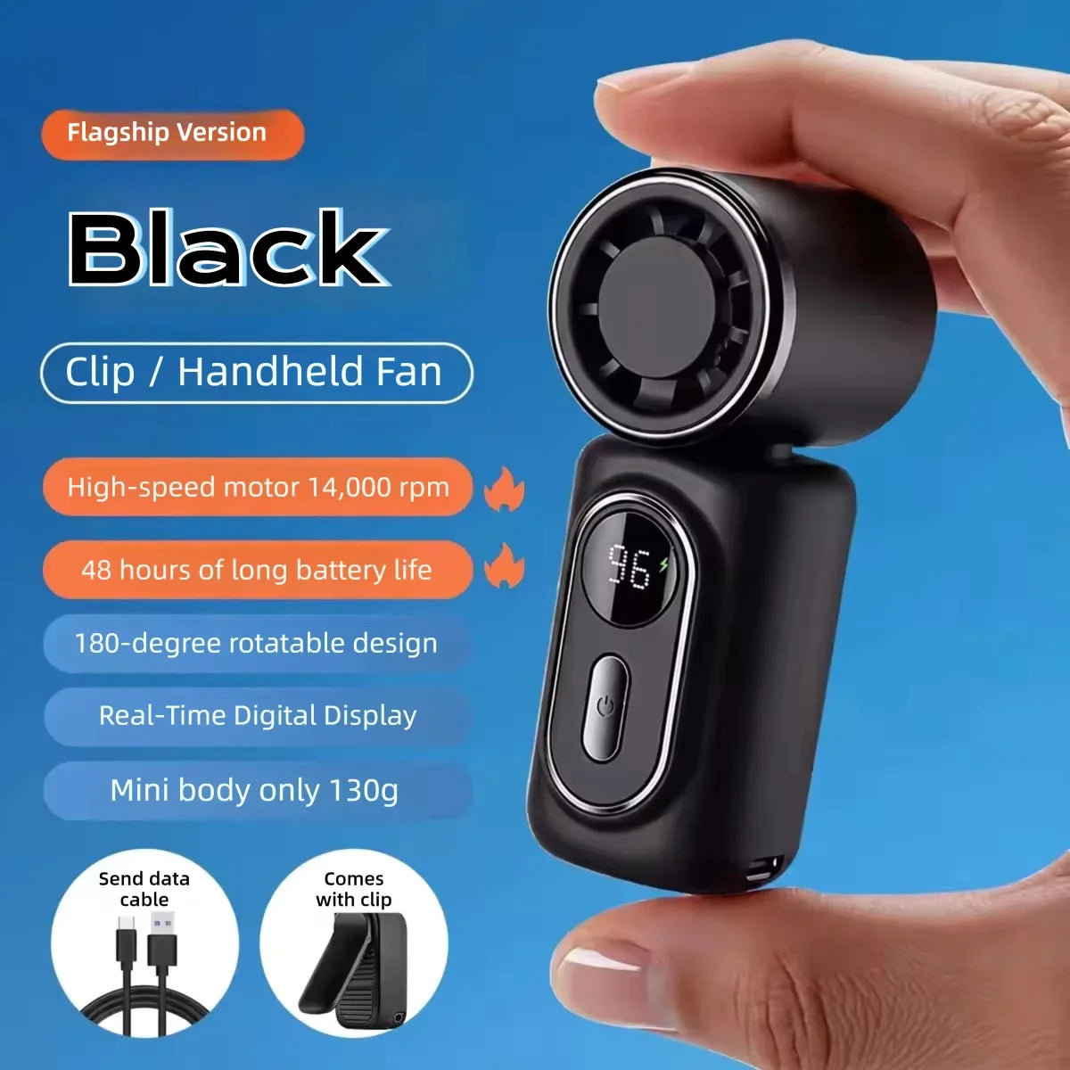 New Mini Fan Handheld Small Portable Fan Cooling Turbo 5 Speeds 3000mAh LED Display 180° Rotatable Clip Type-C Rechargeable Fans