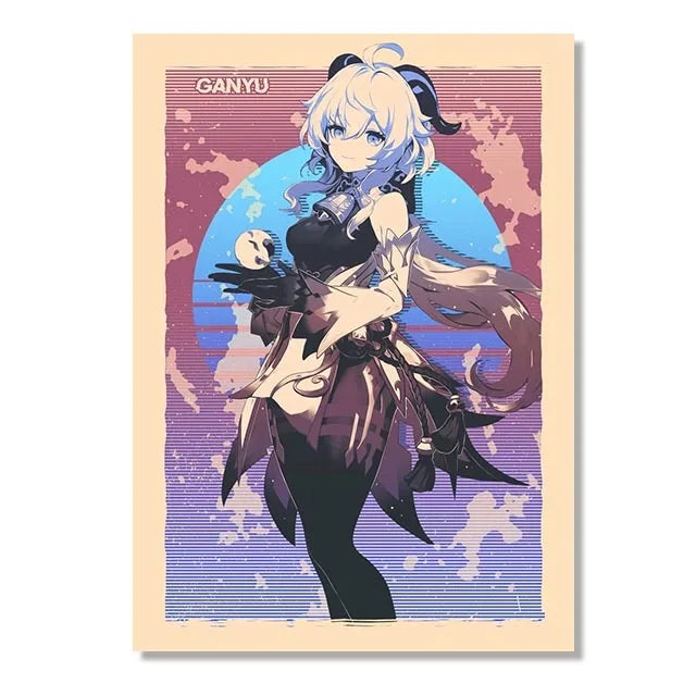 Genshin Game Retro Canvas Poster Ganyu Hu Tao Game  Wall Hanging Painting Anime Wall Art Pictures and Print for Home Room Decor