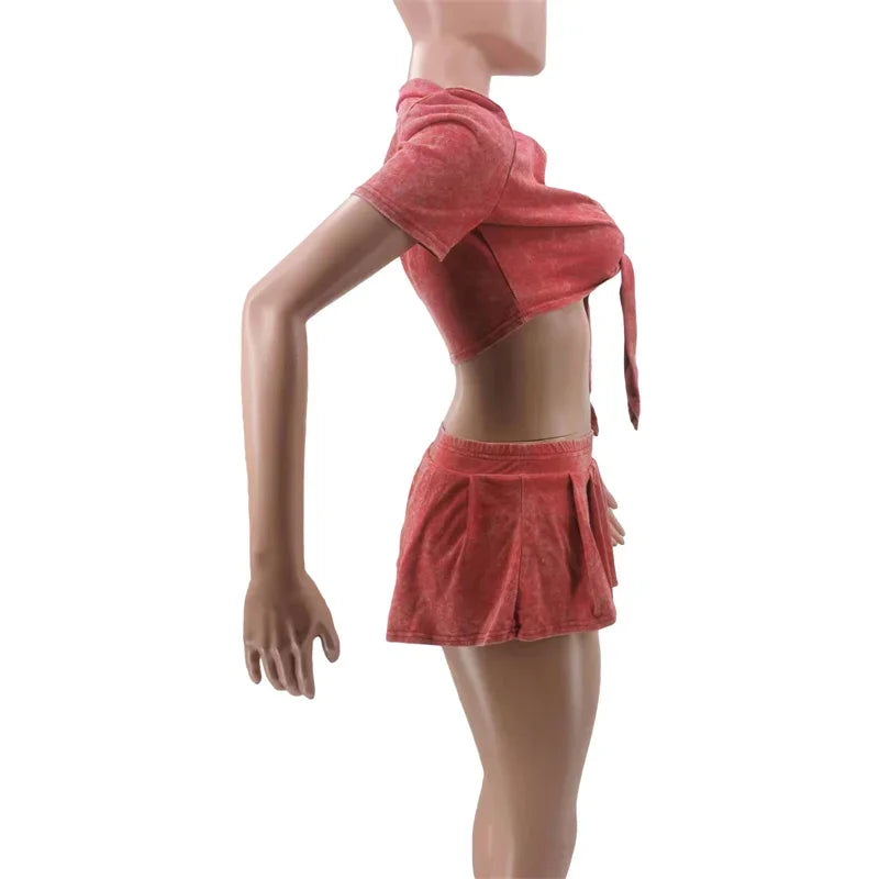 Streetwear Party Club Co Ord Sets for Women 2 Piece Set Outfit Summer Lace-up Crop Top and Mini Skirt Sets Conjuntos Para Vestir