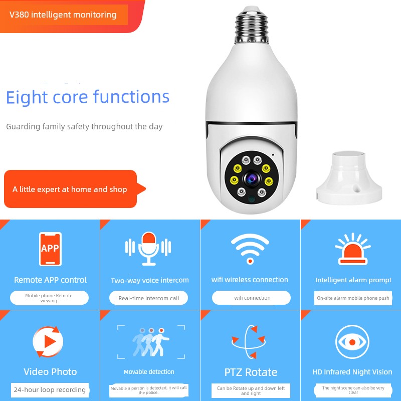 Wireless Lamp Holder Monitor 360-Degree No Blind Spots Lamp Head Surveillance Camera for Home Use, Mobile Phone 4g Remote, No Need to Plug in