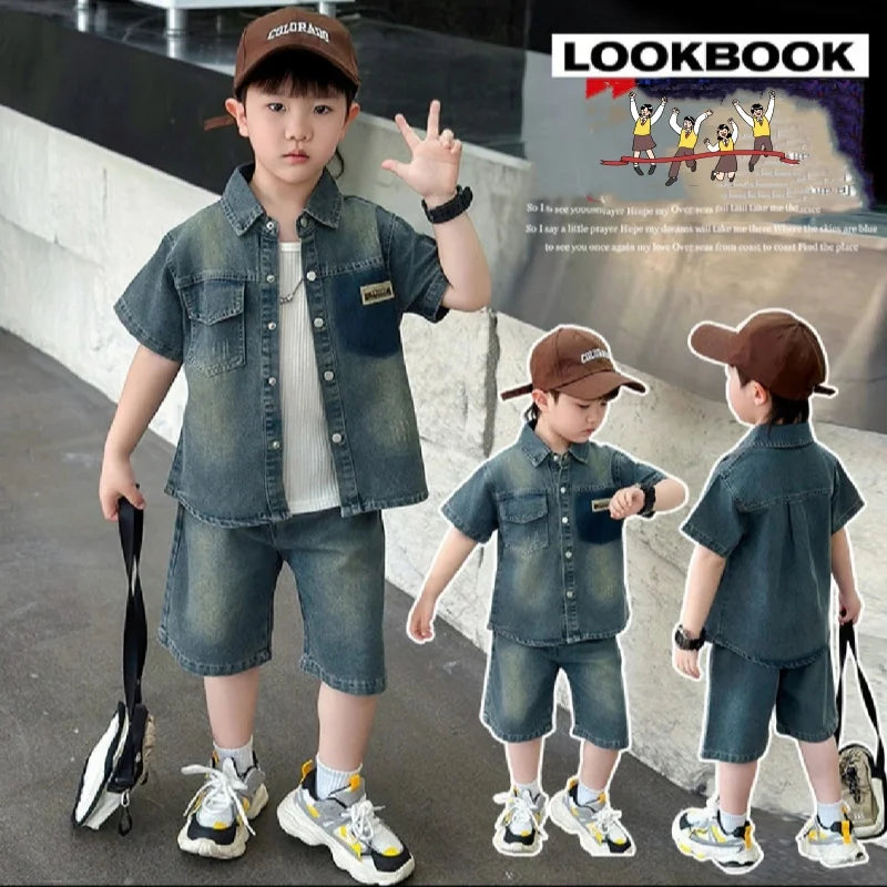 2025 Trendy Boys' Denim Set Vintage Wash Short Sleeve Shirt & Shorts 2-Piece Summer Outfit