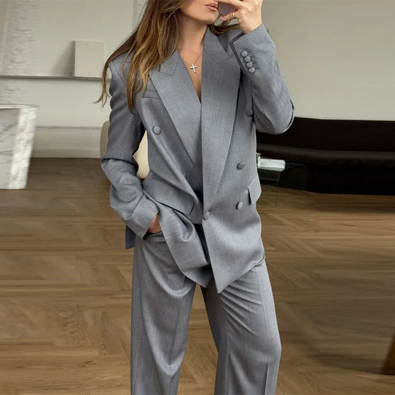 Elegant Blazer Coat Pants Set Women 2026 Lapel Double Breasted Jacket Straight Trousers Female Sets Spring Chic Lady Suit