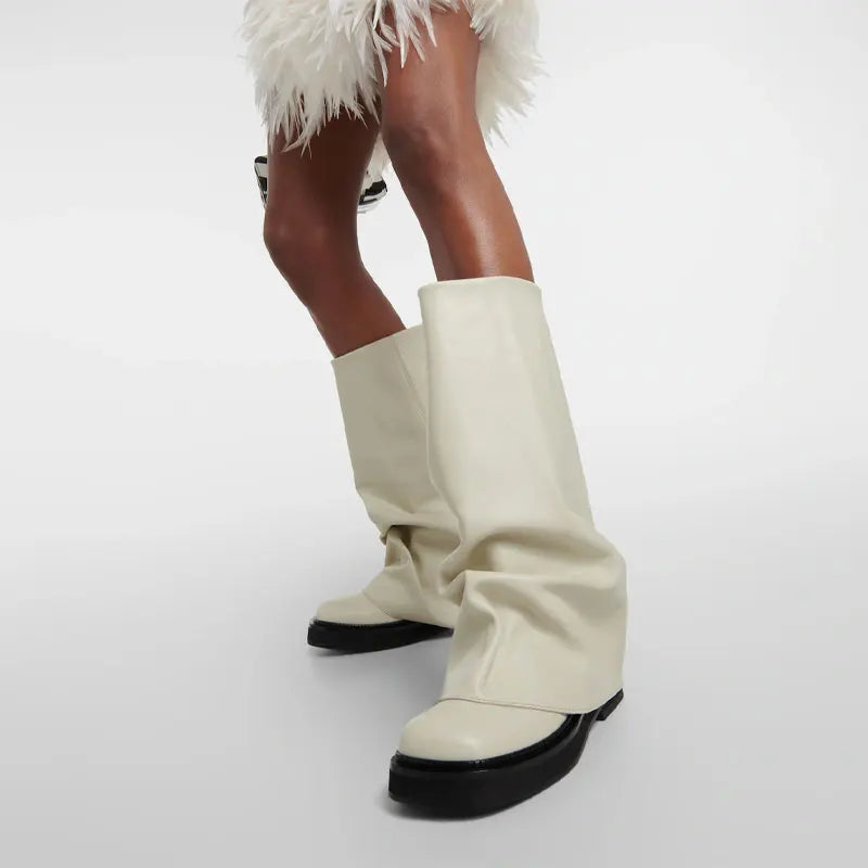 Women's New Autumn and Winter Calf Boots with Pleated Thick High Heels and Fashionable Oversized Street Leather Mid Leg Boots