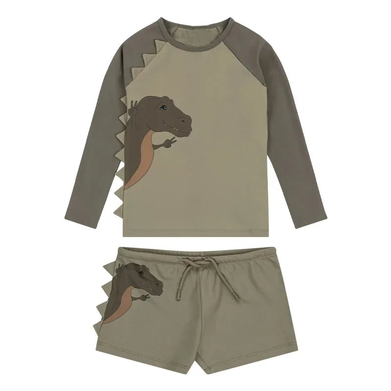 Baby Boy Swimwear Cartoon Dinosaur Print O-neck Long Sleeve Top+drawstring Shorts Kid Split Swimsuit Quick Drying Clothes E23316