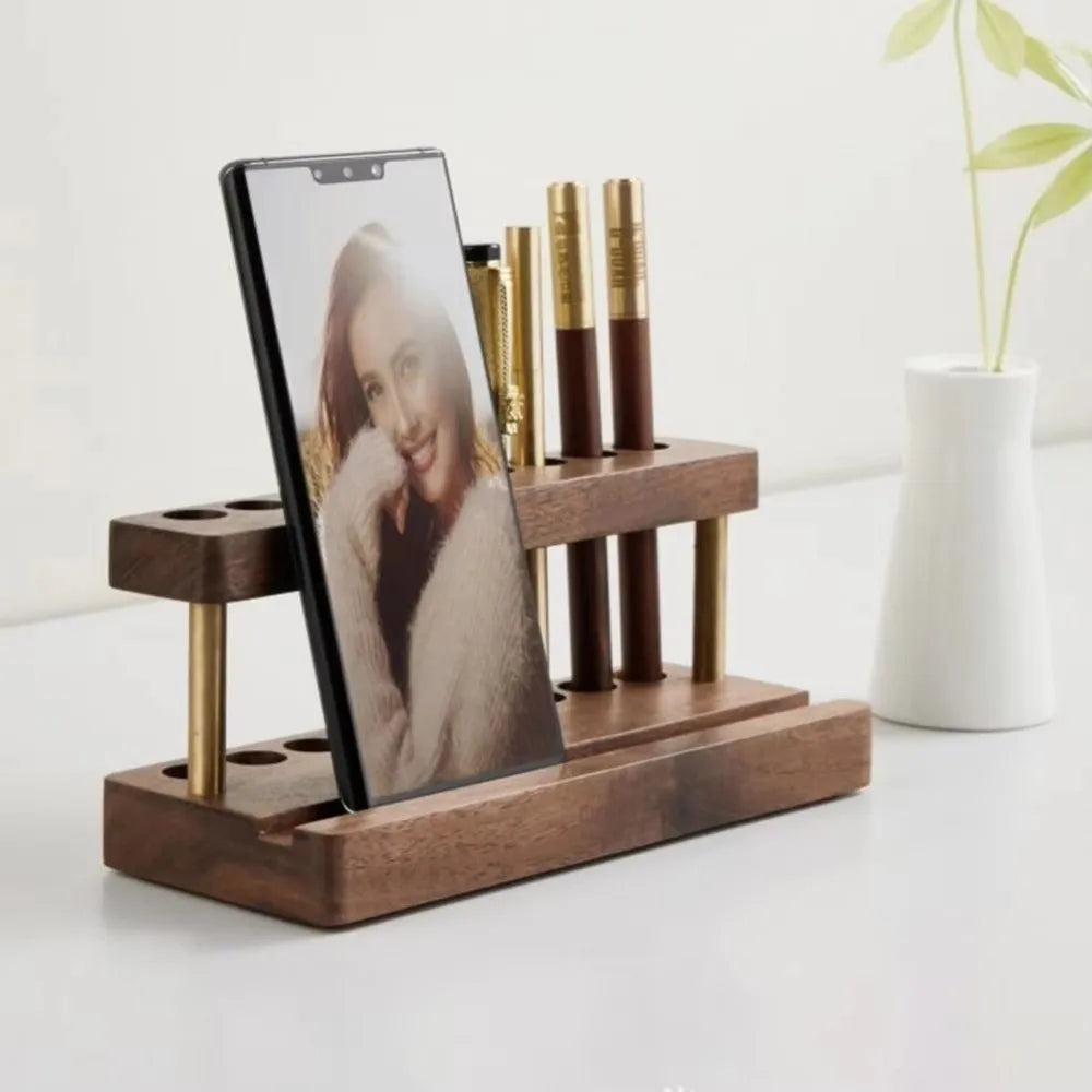 Modern Walnut Wood Pen Holder 9 Slots Sleek Desk Organizer Phone Stand For Office School