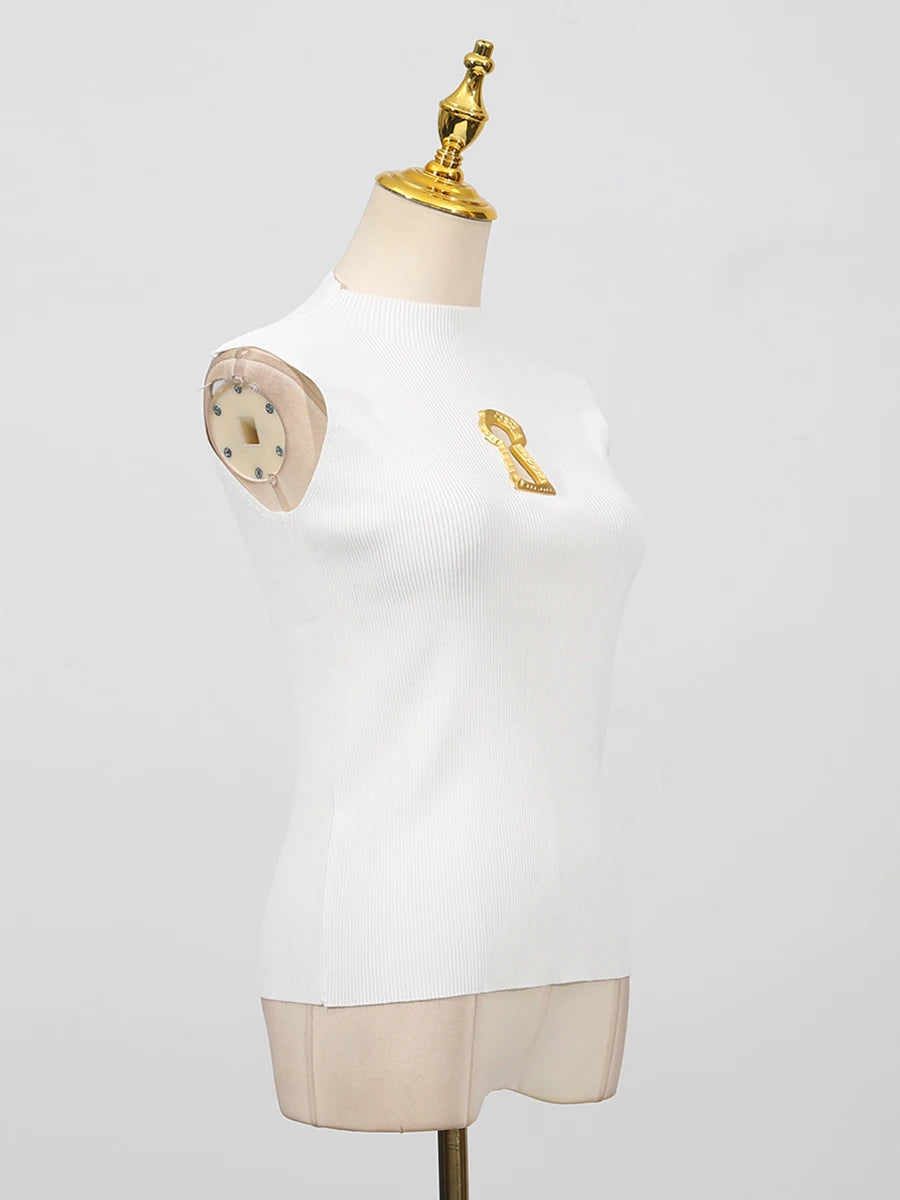 VGH American Casual Spliced Hollow Out Vest for Women Stand Collar Sleeveless Slimming Minimalist Tank Top Female Clothing New