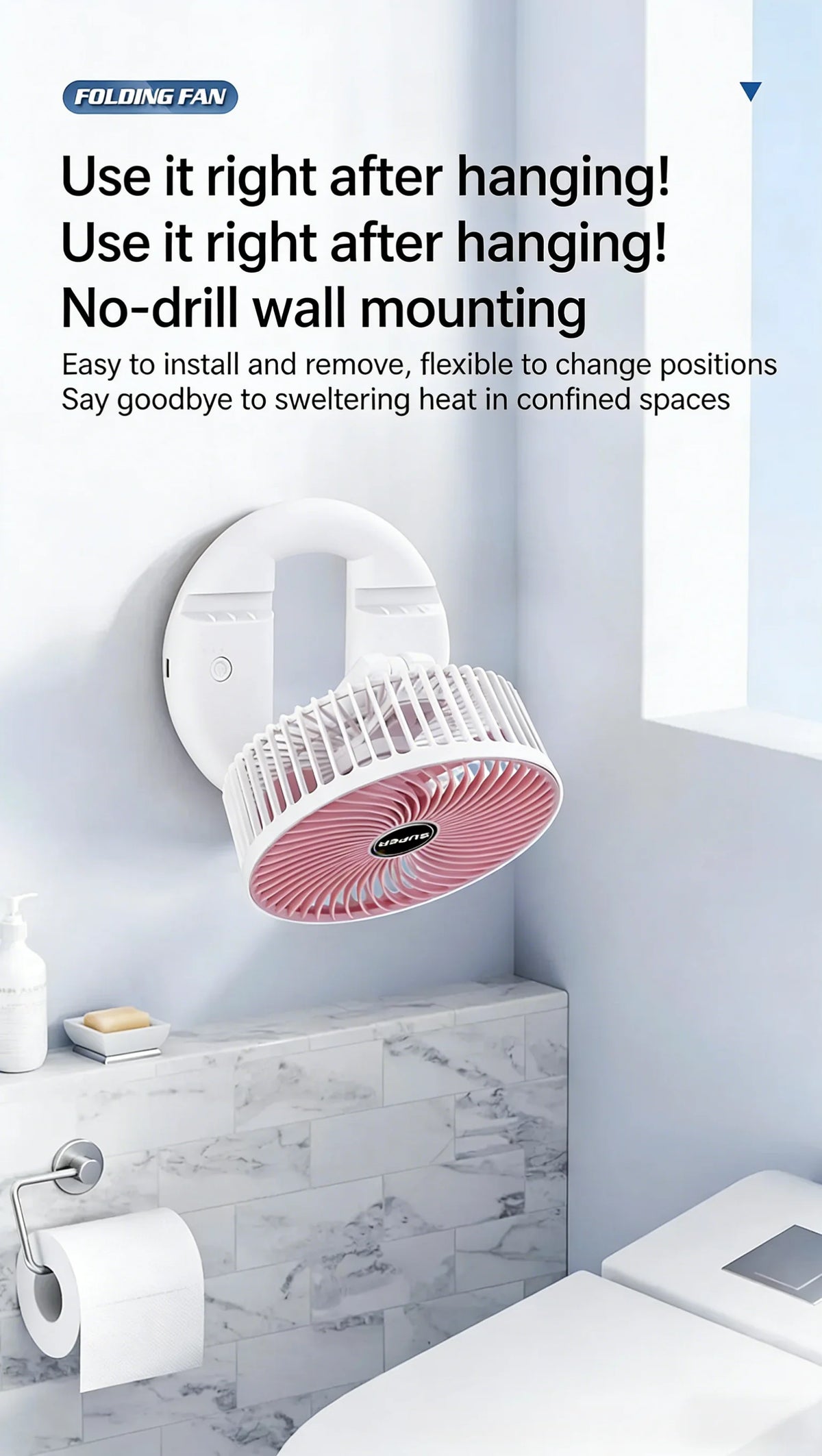 3-in-1 Telescopic Cool Fan USB Charing Folding Desktop Circulator 3-Speed No-Drill Wall Mount Electric Fan for Dorm Home Office