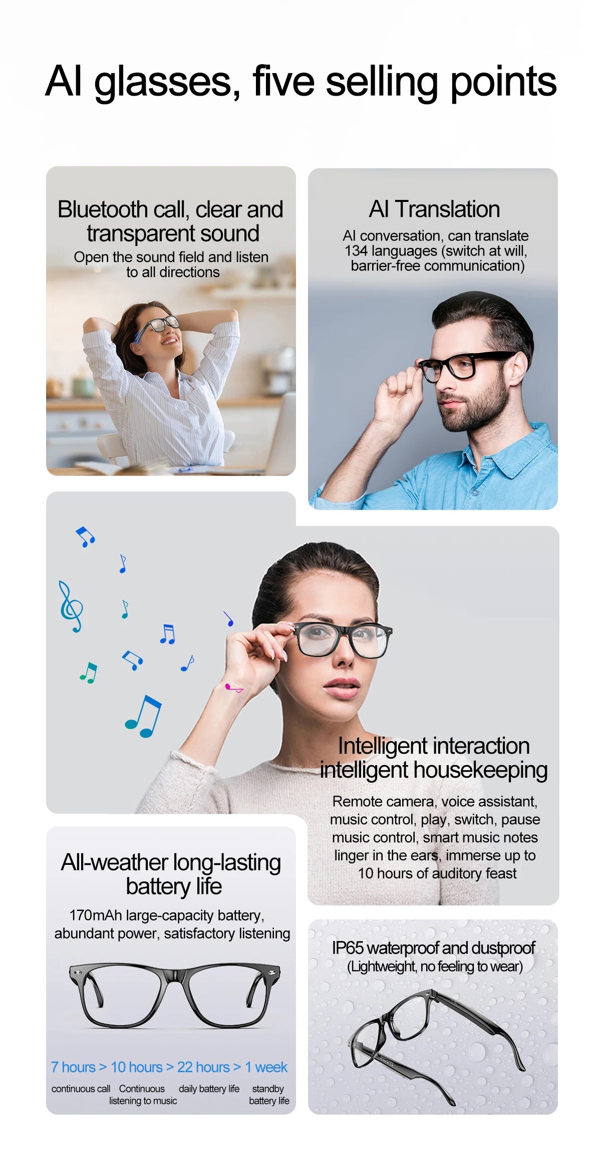 Upgrade Smart Glasses 134 Online Languages AI Automatic Translation Conversation with Speaker UV Protected Bluetooth Sunglasses