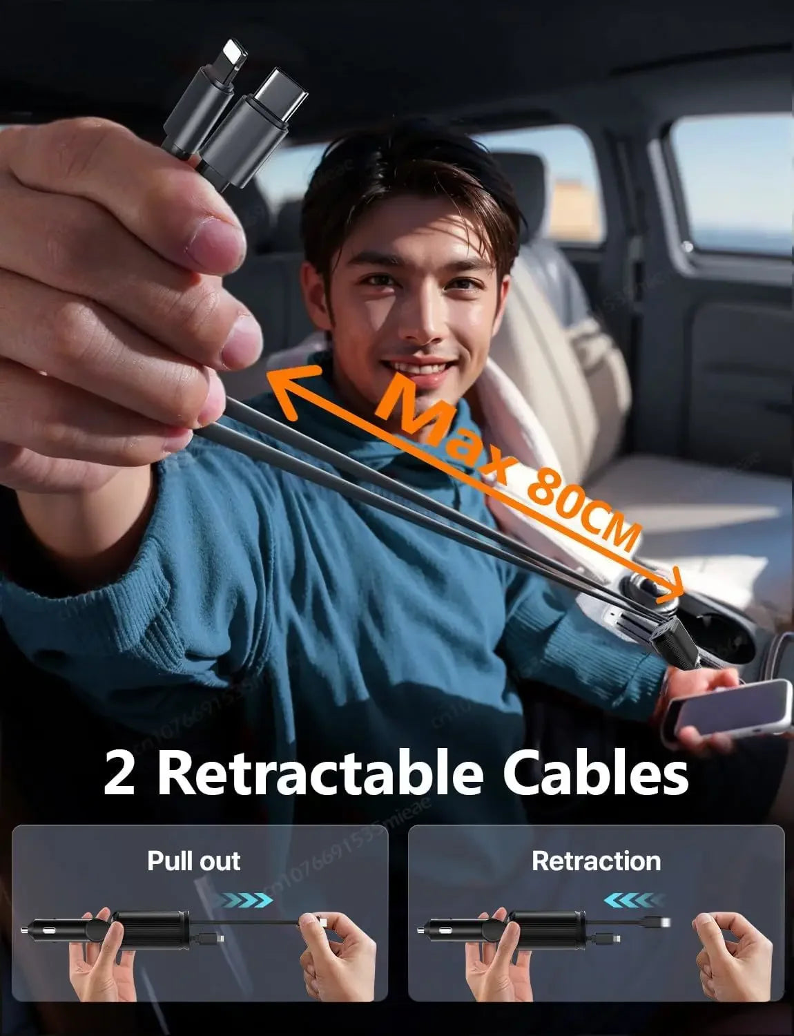 New Starlight in Car Roof Retractable Car Charger,66W 4 in 1 Fast Car Phone Charger,2 Retractable Cables & USB-C Charger Adapter