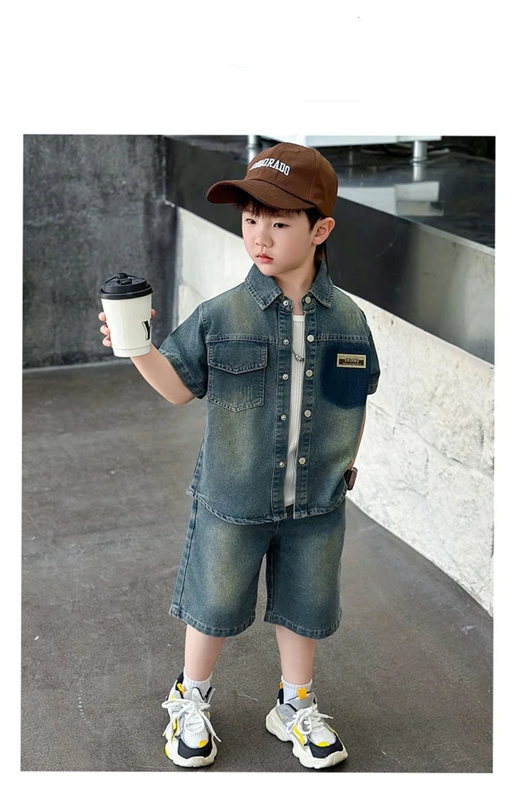 2025 Trendy Boys' Denim Set Vintage Wash Short Sleeve Shirt & Shorts 2-Piece Summer Outfit