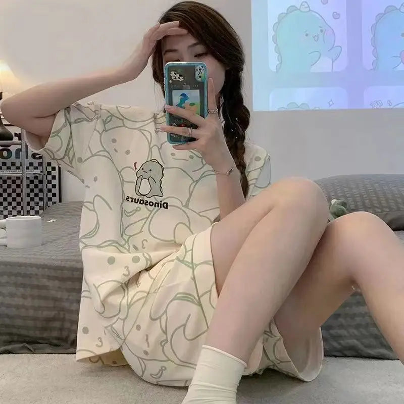 New Women's Pajamas Two-Piece Summer Thin Section Of Short-Sleeved Shorts Cute And Comfortable Milky Outwear Homewear Suit