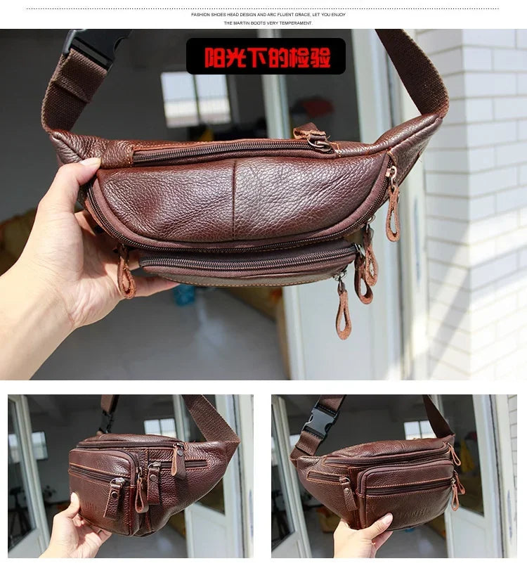 Genuine Cowhide Leather Waist Bag Men Funny Pack Belt bag Phone Pouch Multiple Pockets Hiking Running And Cycling fanny pack 가방