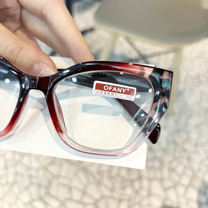 Women's Fashion Glasses Anti-Blue Light Trendy Luxury Large Frame Cat Eye Presbyopia Glasses Full Frame Premium Color Blocked
