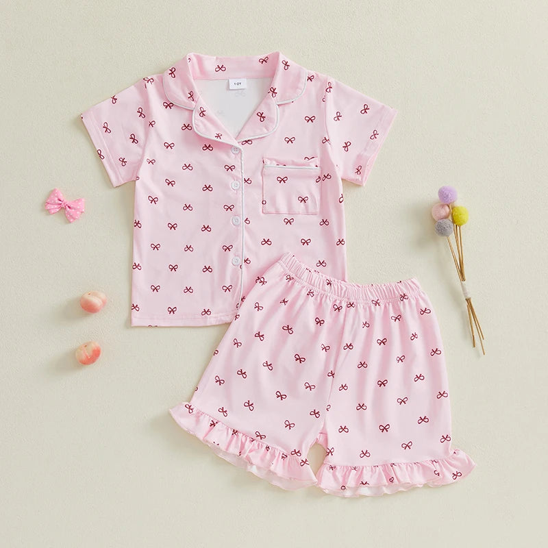 Summer Toddler Girls Loungewear Set Bow Print Short Sleeve Shirts Tops Elastic Waist Shorts Suit Infant Sleepwear Kids Pajamas