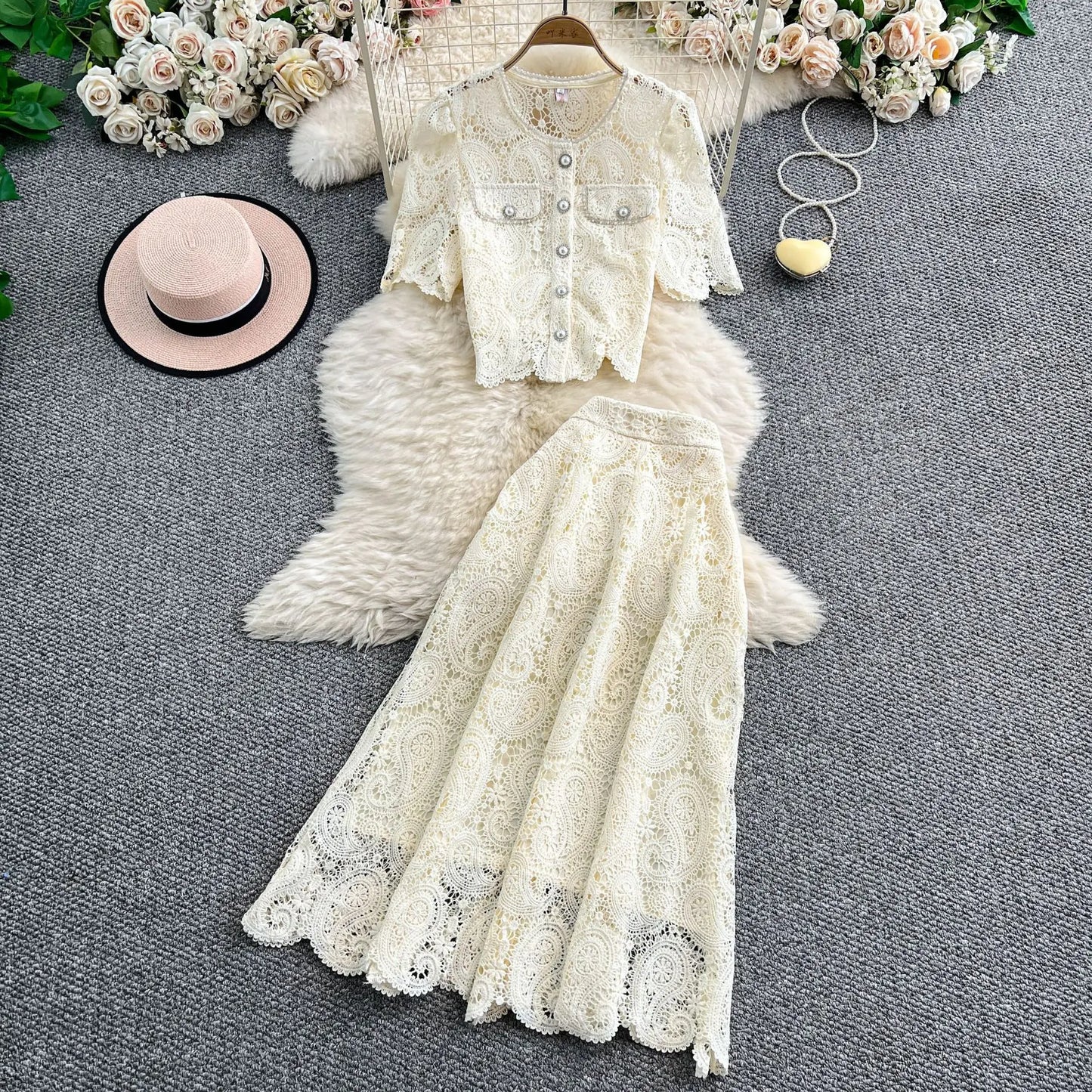 Women Two Piece Sets Skirt Set Embroidery Lace Hollow Out Half Sleeve Shirt Long Skirts A Line High Waist Elegant Work Spring