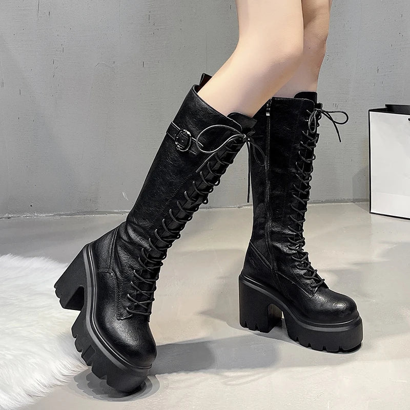 Knee High Women's Boots Lace Up High Heels Shoes Platform Chelsea Boots Winter 2025 Sexy Snow Long Boots Zip Pumps Mujer Botas