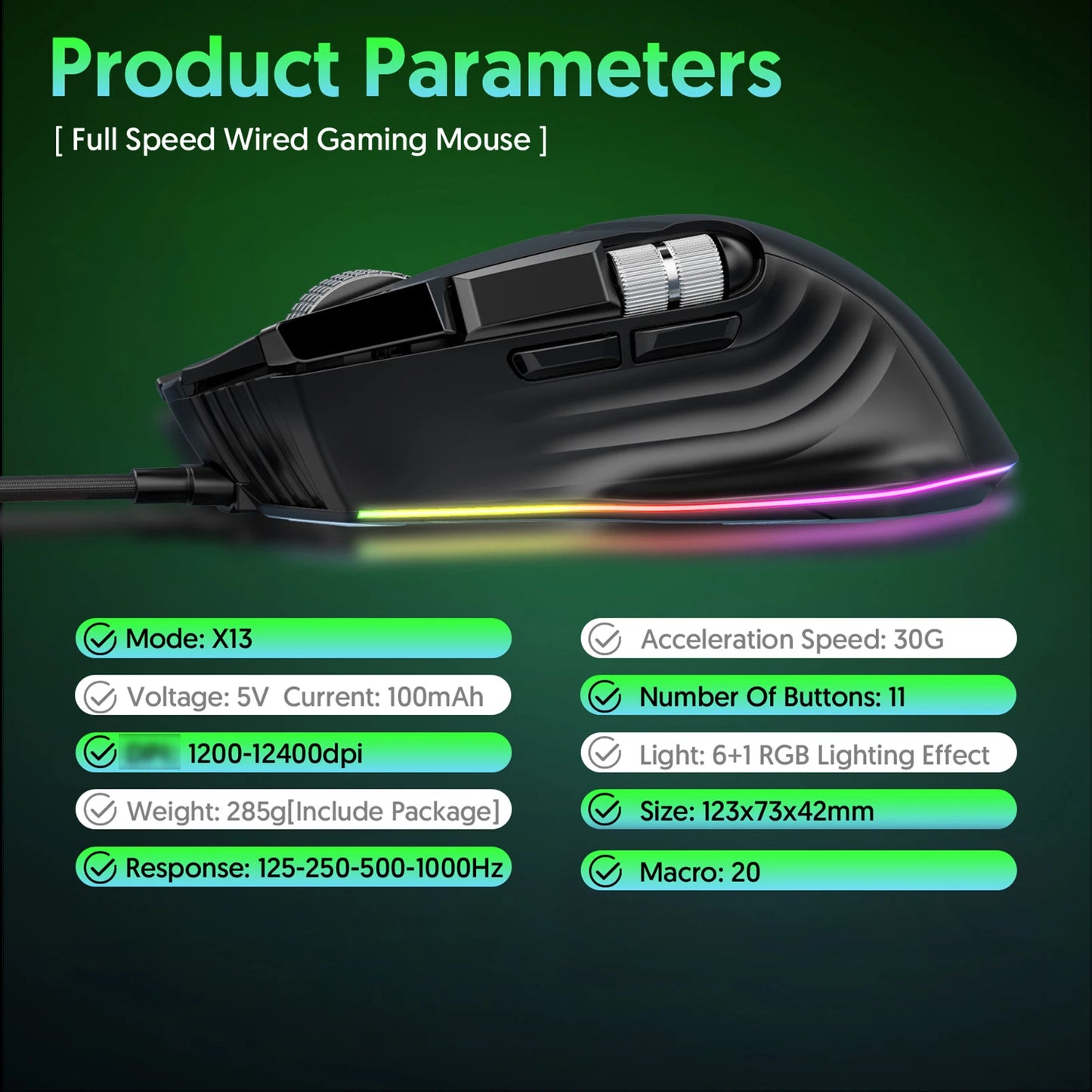 RGB Wired Gaming Mouse 7 Lighting Modes Dual Scroll Wheels Macro Programmable 1200-12400 DPI Ergonomic Design for PC Gamer
