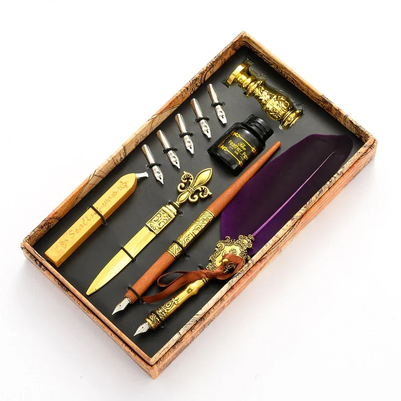 Sprinkling Gold Vintage Feather Pen Set Luxury Fountain Pen Ink Bottle Calligraphy Writing Dip Pen Nib Quill Birthday Gift Box